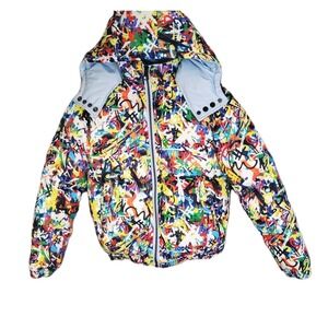 Kash Koture Blue Graffiti Chaos Puffer Jacket Mens XS Reversible Streetwear Coat